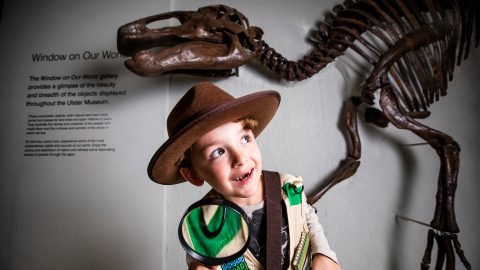 Boy Examining a Dinosaur Skeleton at Ulster Museum