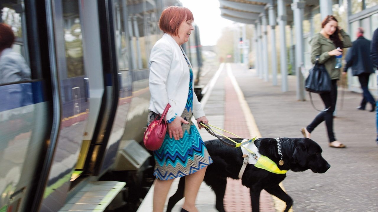 Women with Guide Dog using Translink Train