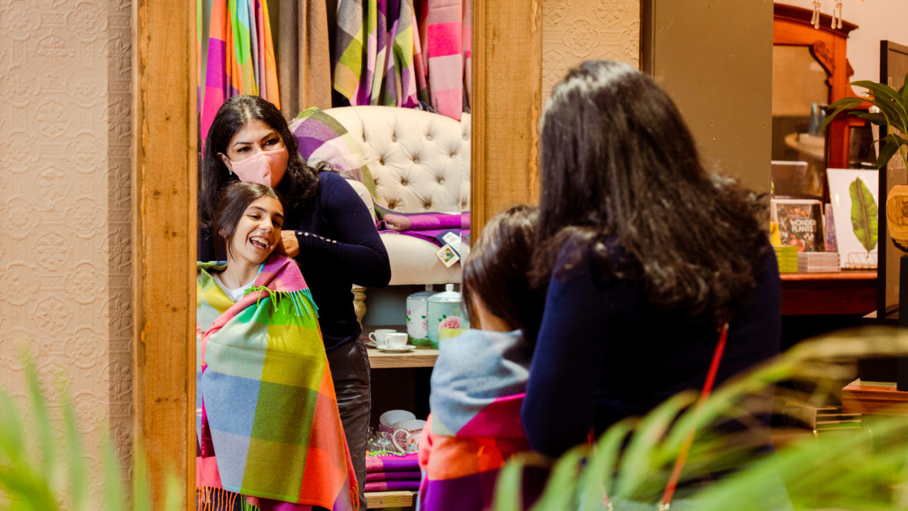 Back to Belfast Mother and Daughter Family Shopping with Face Covering Avoca