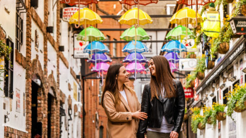 couple walking in commercial court